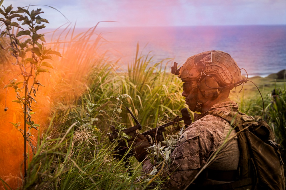 A soldier in full combat gear is positioned in dense vegetation near a coastline, appearing to be in a surveillance or overwatch posture. The individual is equipped with a tactical helmet with mounted accessories, camouflage uniform, and is holding a firearm. The image is captured during golden hour with a warm lens flare effect, with the ocean visible in the background.