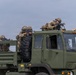 Military personnel in full combat gear are positioned on and around a green tactical military truck, aiming rifles in various directions. The soldiers are wearing camouflage uniforms and helmets, suggesting a training exercise or tactical operation. The scene depicts a convoy security or mobile defense scenario.