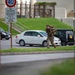 A military service member in full combat gear and a loaded rucksack is running across a grassy median on what appears to be a U.S. military installation in Japan. The scene includes bilingual signage in English and Japanese, indicating an explosives movement route restriction. The setting suggests a training exercise or rapid response drill on a joint-use military base.
