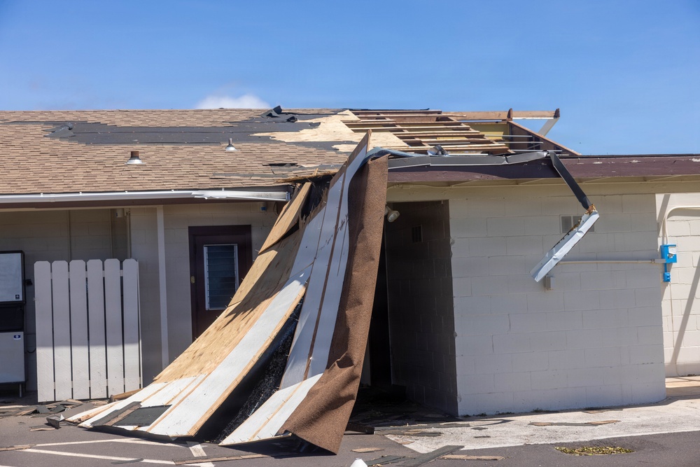 A commercial or institutional building has sustained significant roof damage, with large sections of roofing material, sheathing, and metal flashing peeled away and hanging down toward the ground. The exposed wooden roof framing (rafters and decking) is clearly visible where the covering has been torn off. The damage pattern is consistent with high-wind event such as a hurricane or severe storm.