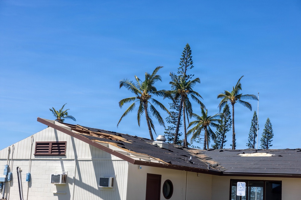 The image shows a building with significant storm or wind damage to its roof, with shingles torn away and roofing material visibly peeled back. The structure appears to be located in a tropical or subtropical environment, evidenced by the palm trees and Norfolk Island pines visible in the background. The damage suggests the aftermath of a severe weather event such as a hurricane or strong windstorm.
