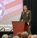 A military officer in Army Service Uniform is speaking at a podium during a formal ceremony. The event is identified as a 'State Command Sergeant Major of Responsibility Ceremony' for the Ohio National Guard, established since 1788. An audience is visible in the foreground, and a large projection screen displays the Ohio National Guard seal and the motto 'Always There.'