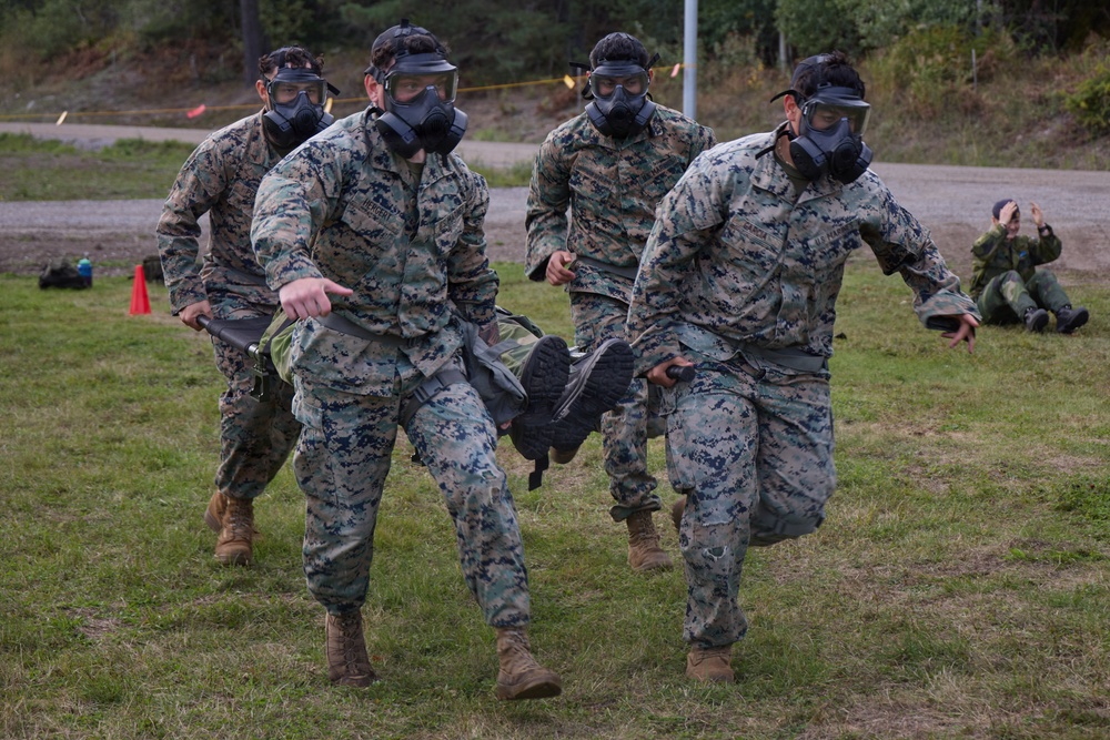 Four military personnel wearing MARPAT digital camouflage uniforms and full-face gas masks are conducting a casualty evacuation drill, carrying an incapacitated person across a grassy field. The exercise appears to be a CBRN (Chemical, Biological, Radiological, Nuclear) training scenario based on the protective masks worn. Additional personnel in different camouflage uniforms are visible in the background, suggesting a multinational training exercise.