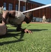 A soldier in military camouflage uniform and tan t-shirt performs a low crawl exercise on an artificial turf field, passing under a rope or tape barrier. The exercise appears to be part of a military fitness or obstacle course event conducted outdoors near a modern building. At least two other uniformed personnel are visible in the background, one appearing to observe or supervise.