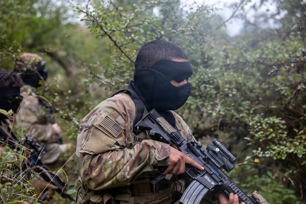 A person wearing MultiCam/OCP camouflage uniform with a US flag patch and a black face mask is holding an assault-style rifle in a wooded outdoor environment. A name tape reading 'BANDC__' is partially visible on the chest. Additional similarly equipped individuals are visible in the background, suggesting a group training exercise or airsoft/milsim event.