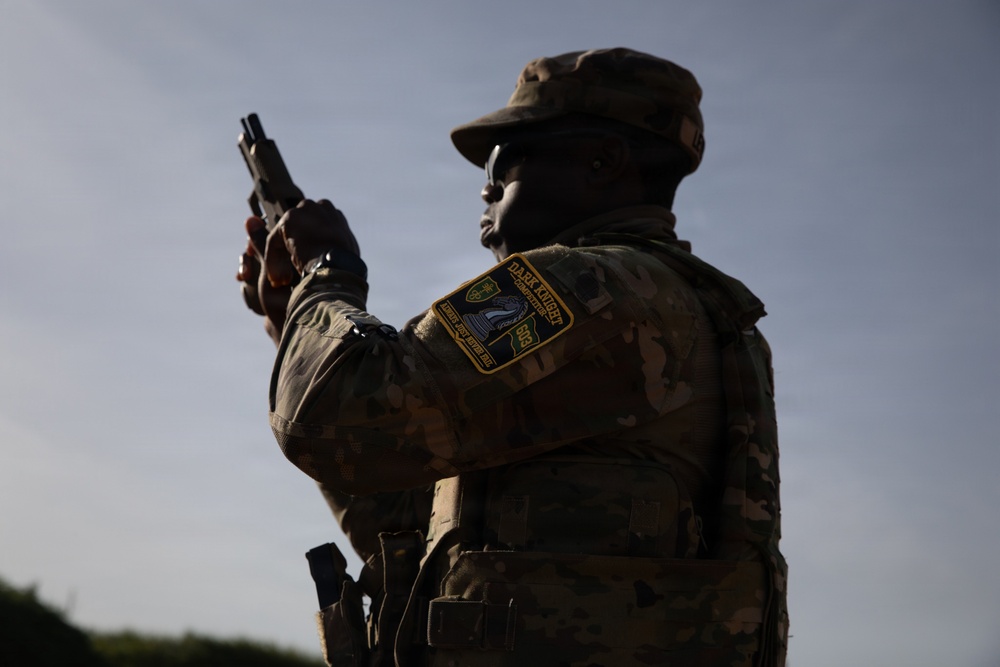 A soldier in multicam/OCP camouflage uniform is photographed from behind, holding a pistol in a raised position consistent with a weapons inspection or clearing drill. A unit patch on the left sleeve reads 'Dark Knight' with what appears to be a chess knight insignia and the number 663. The image is backlit, creating a silhouette-like effect against a partly cloudy sky.