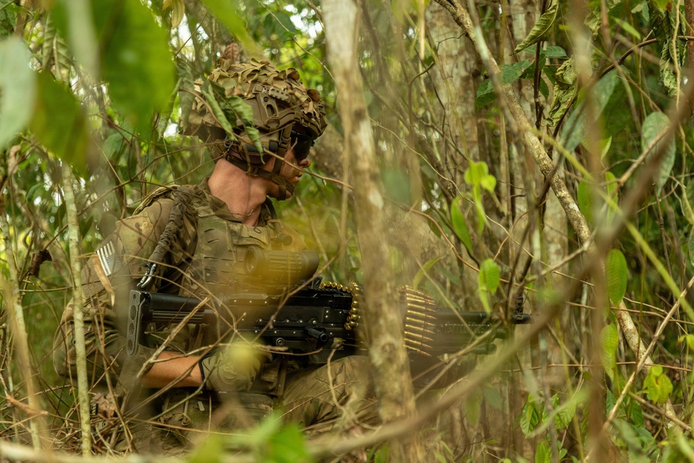 A soldier in full combat gear is positioned within dense jungle vegetation, partially concealed by foliage. The individual is equipped with a belt-fed machine gun and wearing a camouflaged helmet with leaf cover, suggesting a reconnaissance or ambush posture. The setting appears to be a tropical forest environment, consistent with a military training exercise or operational deployment.