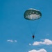 A single parachutist is descending through a clear blue sky with scattered white cumulus clouds. The parachute is a round, olive/grey-green military-style canopy with visible panels and suspension lines. The jumper appears to be wearing dark clothing with a distinctive red element on their torso.