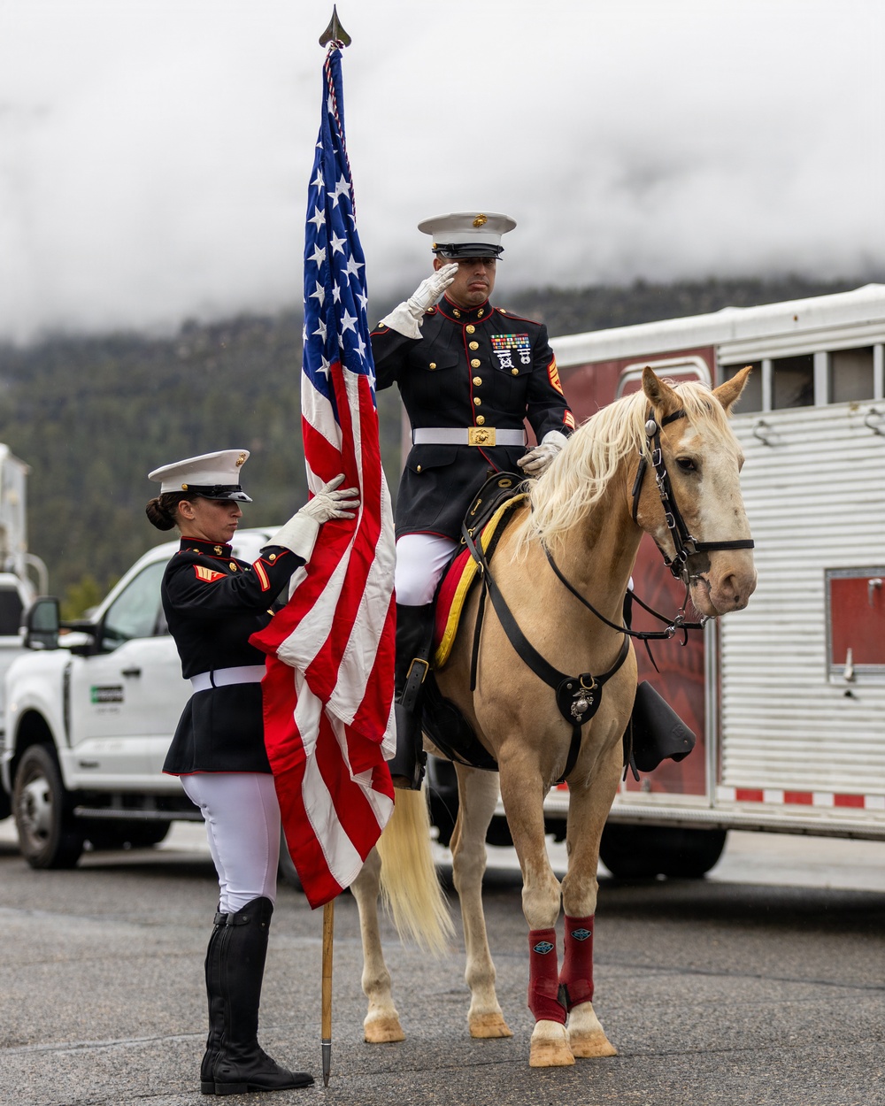 U.S. Marine Corps Mounted Color Guard presents the colors at Big Bear Rodeo