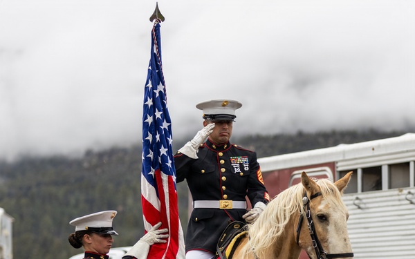 U.S. Marine Corps Mounted Color Guard presents the colors at Big Bear Rodeo