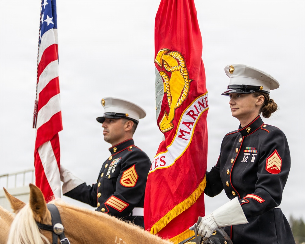 U.S. Marine Corps Mounted Color Guard presents the colors at Big Bear Rodeo