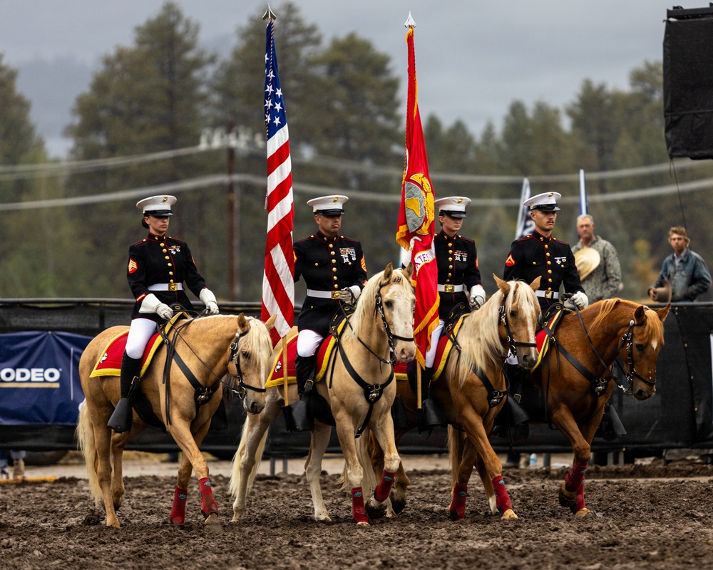 U.S. Marine Corps Mounted Color Guard presents the colors at Big Bear Rodeo
