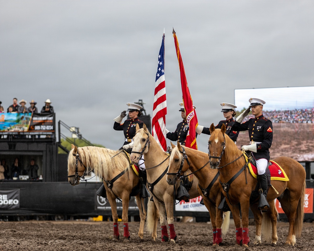 U.S. Marine Corps Mounted Color Guard presents the colors at Big Bear Rodeo