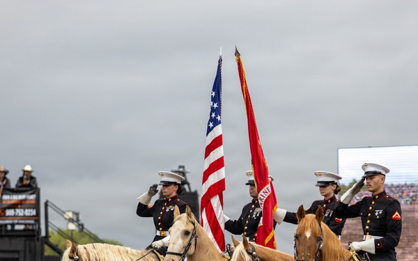 U.S. Marine Corps Mounted Color Guard presents the colors at Big Bear Rodeo