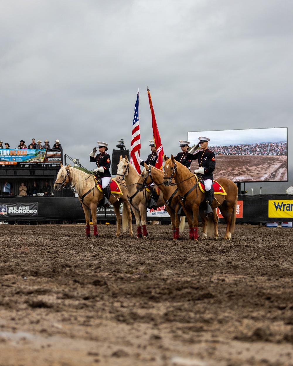 U.S. Marine Corps Mounted Color Guard presents the colors at Big Bear Rodeo