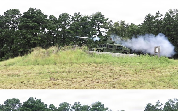 Two sequential frames showing a military vehicle firing a missile or rocket from a defilade position behind a berm or earthen mound. The vehicle appears to be a green tactical military platform equipped with a missile launcher system. White smoke and exhaust plume are visible from the launch event, with a projectile visible in flight in the lower frame.