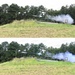 Two sequential frames showing a military vehicle firing a missile or rocket from a defilade position behind a berm or earthen mound. The vehicle appears to be a green tactical military platform equipped with a missile launcher system. White smoke and exhaust plume are visible from the launch event, with a projectile visible in flight in the lower frame.