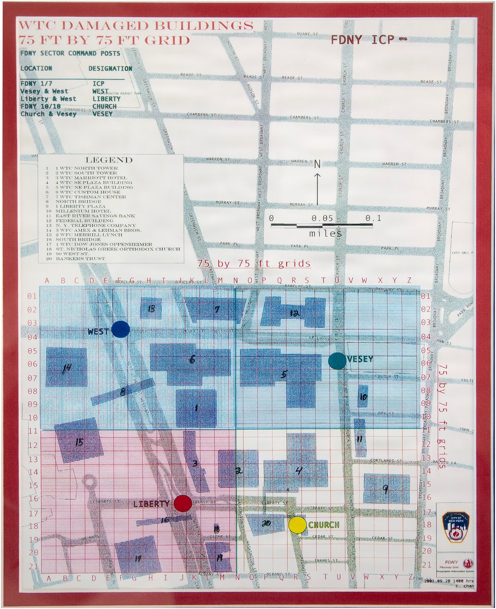 This is an FDNY operational map titled 'WTC Damaged Buildings 75 ft by 75 ft Grid,' dated 2001.09.20 at 1400 hours, created by C. Chan. It depicts the World Trade Center site and surrounding Lower Manhattan area following the September 11, 2001 attacks, showing damaged buildings overlaid on a 75-by-75-foot grid system. The map identifies FDNY Sector Command Post locations marked with colored dots and lists 20 numbered damaged or affected buildings in a legend.