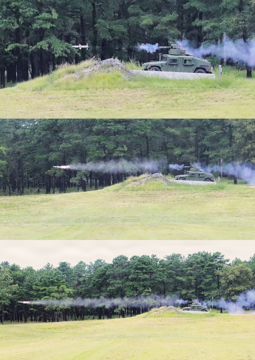 A three-panel sequential photograph documenting a missile launch from a military HMMWV (Humvee) equipped with a missile launcher system, likely an Avenger or TOW missile platform. The sequence shows the missile immediately after launch (top), mid-flight with a visible smoke trail (middle), and at extended range downrange (bottom). The exercise appears to take place on a military training range surrounded by pine forest.