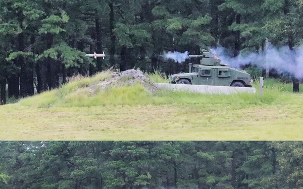 A three-panel sequential photograph documenting a missile launch from a military HMMWV (Humvee) equipped with a missile launcher system, likely an Avenger or TOW missile platform. The sequence shows the missile immediately after launch (top), mid-flight with a visible smoke trail (middle), and at extended range downrange (bottom). The exercise appears to take place on a military training range surrounded by pine forest.