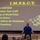 A male presenter in a blue polo shirt delivers a motivational presentation in a large hall or conference room. The projected slide displays the 'I.M.P.A.C.T.' acronym framework from an organization called 'IMPACT-X,' with each letter representing a principle. A small audience is visible in the foreground, seated at chairs and tables.
