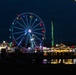 A nighttime photograph of a county or state fair featuring a large illuminated Ferris wheel as the central focal point, surrounded by various carnival rides, tents, and crowds of people. The scene is reflected in a puddle of water in the foreground, adding depth to the composition. A silhouetted figure stands in the lower left, observing the fairgrounds.