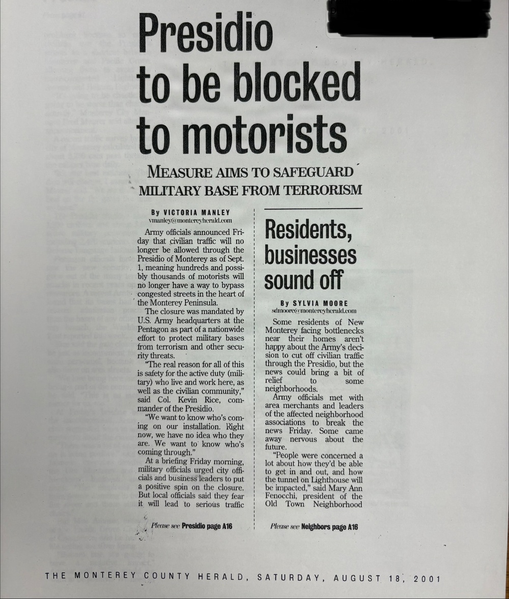 A newspaper clipping from The Monterey County Herald dated Saturday, August 18, 2001, reporting that the Presidio of Monterey military base will be closed to civilian motorists as of September 1, 2001. The closure was mandated by U.S. Army headquarters at the Pentagon as part of a nationwide anti-terrorism security effort. The article includes two stories: one by Victoria Manley on the official announcement, and a companion piece by Sylvia Moore covering reactions from residents and businesses.