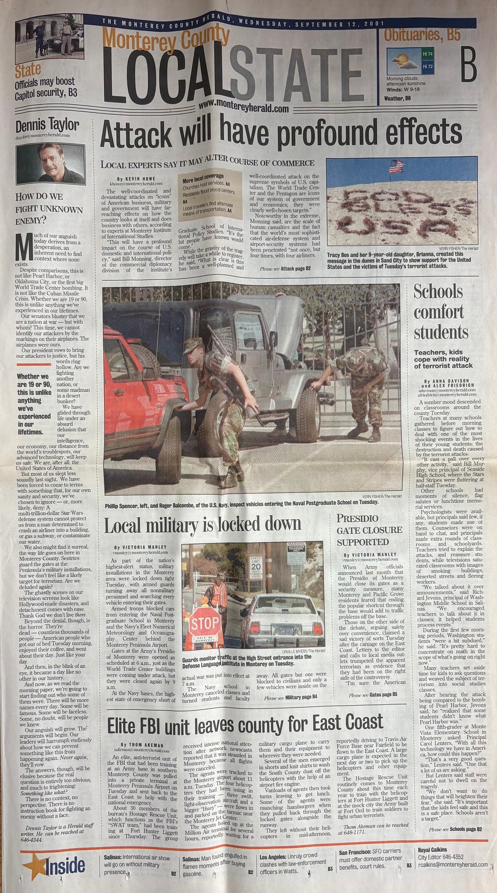 This is a front page of the Monterey County Herald's Local section, dated Wednesday, September 12, 2001 — the day after the 9/11 terrorist attacks. The page covers local reactions, military lockdowns, and community responses to the attacks on the World Trade Center and Pentagon. Multiple stories address the profound effects on Monterey County, including military base security, school responses, and FBI unit deployments.