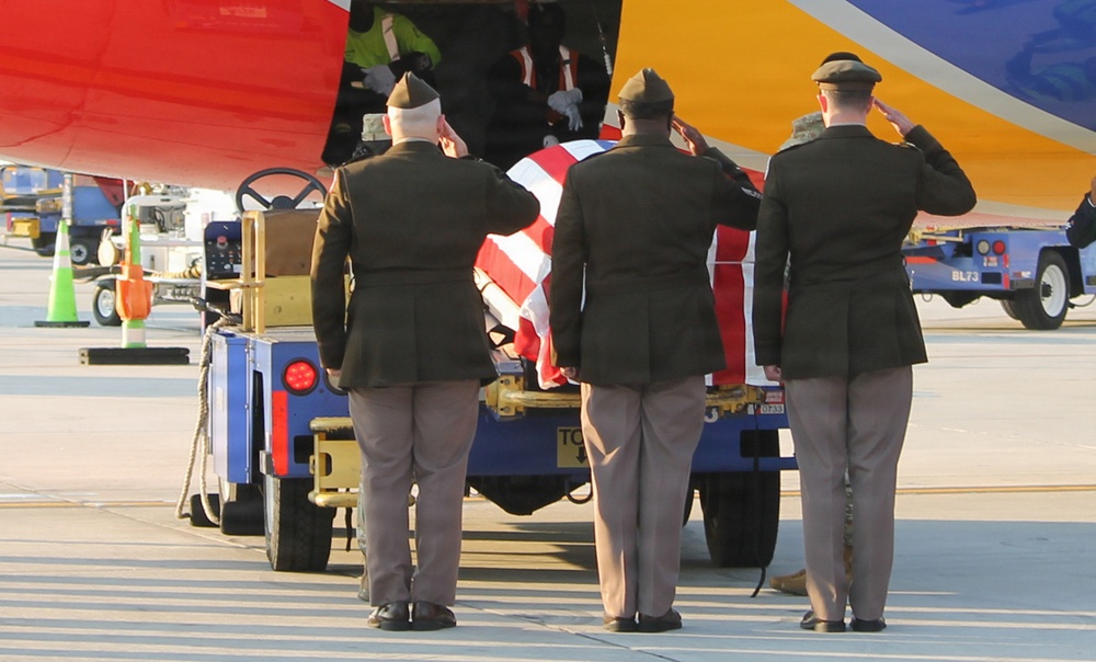 Three uniformed military personnel are standing at attention and saluting a flag-draped casket on a baggage cart at an airport tarmac. The casket is draped with what appears to be an American flag, indicating a dignified transfer ceremony. The aircraft visible in the background appears to be a Southwest Airlines commercial plane.