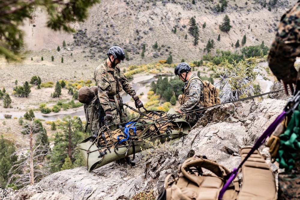 Two military personnel in different camouflage uniforms are handling a litter/stretcher on a rocky mountainside terrain. They appear to be conducting a mountain rescue or casualty evacuation training exercise, with ropes and rigging equipment visible. The setting is a rugged alpine environment with a valley and river visible in the background.