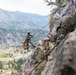 Two individuals in military-style camouflage uniforms and helmets are rappelling down a steep rocky cliff face in a mountainous environment. One person is actively descending on a rope while the other appears to be positioned on a rock ledge, likely acting as a belayer or observer. The backdrop features a sweeping mountain valley with conifer forests, open terrain, and layered mountain ridges under an overcast sky.