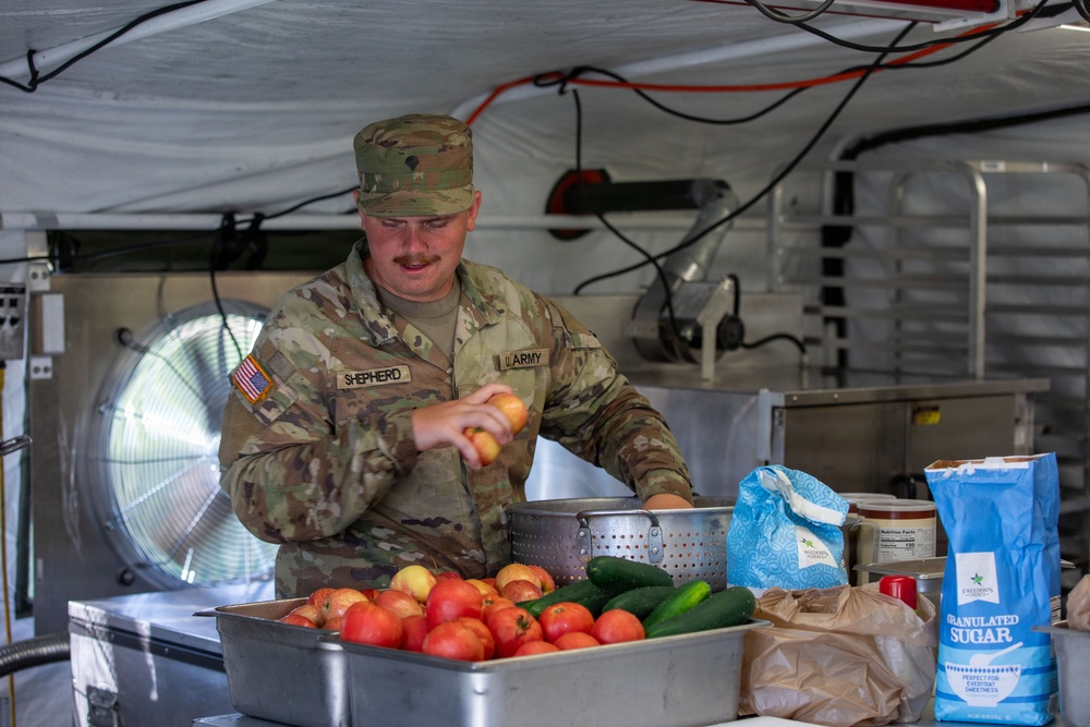 A U.S. Army soldier named Shepherd is working in a field kitchen tent, handling fresh produce including tomatoes, cucumbers, and apples. The setting appears to be a military field operations kitchen with portable cooking equipment and supplies visible. The soldier is wearing full OCP (Operational Camouflage Pattern) uniform with U.S. flag and name tape patches.