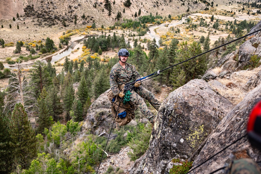 A military service member in MARPAT camouflage uniform is rappelling down a rocky cliff face using ropes and harness equipment. The scene appears to be a military training exercise conducted in a mountainous, forested environment. A valley with a winding river and conifer trees is visible in the background below.