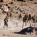 A group of military personnel in desert camouflage uniforms are conducting what appears to be a tactical training exercise in an arid, rocky desert environment. Multiple soldiers are advancing forward while at least one individual is prone on the ground, suggesting a live-fire or assault drill. The terrain features sandy soil, scattered rocks, and boundary markers including posts with wire or rope.