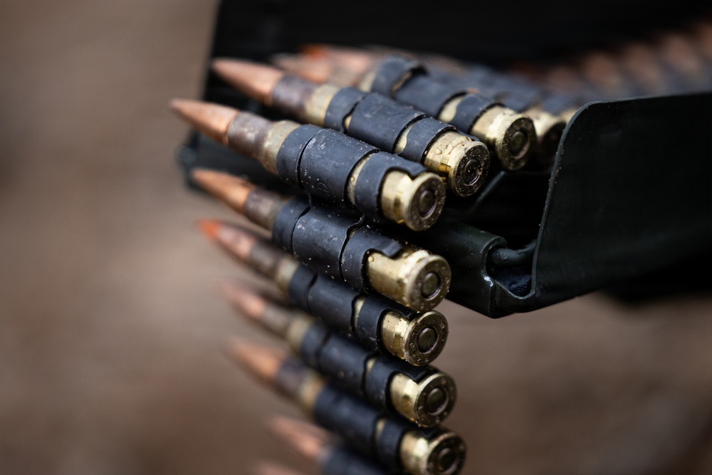 The image shows a close-up photograph of a linked ammunition belt, commonly used with machine guns or automatic weapons. The cartridges are held together by dark metal links in a standard disintegrating belt configuration. The copper-tipped projectiles and brass casings are clearly visible in sharp detail.