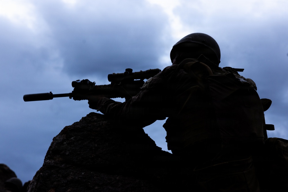 A silhouetted soldier in full tactical gear is positioned behind a rocky outcrop, aiming a scoped rifle with a suppressor attached. The image is a dramatic backlit shot against an overcast, cloudy sky, rendering the subject almost entirely in dark silhouette. The composition emphasizes a defensive or overwatch firing position.