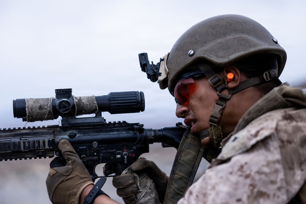 A U.S. Marine in full combat gear is aiming a rifle equipped with a magnified optic scope. The Marine is wearing MARPAT camouflage uniform, a PASGT-style helmet with a mounted device, and tactical gloves. The image is a close-up profile shot taken in an overcast outdoor environment.