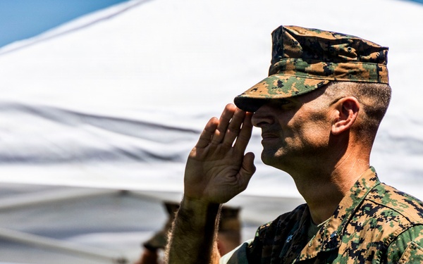 Multiple U.S. Marines in woodland MARPAT camouflage uniforms are rendering a salute during what appears to be a formal military ceremony or event. The central figure is in sharp focus, executing a precise hand salute, while others are visible in the background performing the same gesture. A white canopy tent is visible in the background under clear blue skies.