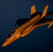 A fifth-generation stealth fighter jet, identifiable as an F-35A Lightning II, is photographed in flight during golden hour or sunset conditions. The aircraft bears the tail code 'LN', indicating assignment to Lakenheath Air Base (RAF Lakenheath, UK), home of the 48th Fighter Wing. The warm amber light dramatically illuminates the aircraft against a deep blue sky background.