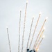 A military stealth fighter jet, consistent with an F-22 Raptor, is captured mid-maneuver deploying a large spread of flares in an overcast sky. The aircraft appears to be in a steep banking or diving attitude while simultaneously releasing multiple pyrotechnic countermeasure flares that fan outward in a dramatic arc. This appears to be an airshow demonstration showcasing the aircraft's flare dispensing capability.