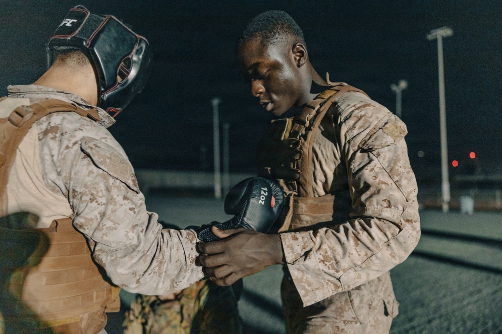 Two individuals in U.S. Marine Corps MARPAT desert camouflage uniforms and tactical vests are preparing for a combat training exercise at night. One person is assisting the other in putting on or adjusting a 12oz boxing glove, while the other wears a protective headgear. The setting appears to be an outdoor training area illuminated by artificial lighting.