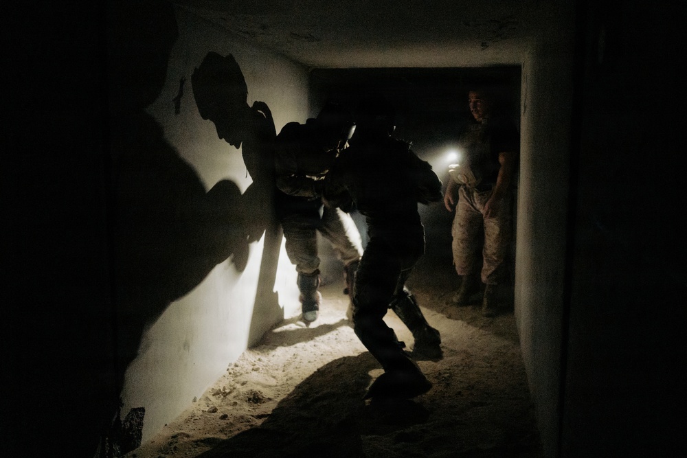 A low-light image showing military personnel moving through a narrow, dark corridor or hallway with sandy floors. At least two figures in tactical gear are moving in a crouched, dynamic posture, while a third individual holding a flashlight stands in a doorway. The scene appears to depict a military training exercise or operational building clearance.