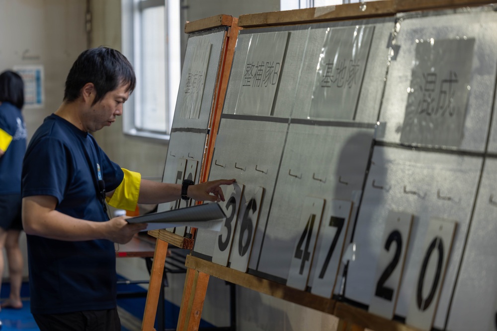A man in a dark blue t-shirt is updating or arranging number tiles on a large scoreboard or display board with Japanese text headers. The board appears to be a manual scoreboard used in a sporting or competitive event, showing numbers 36, 47, and 20 across different columns. The setting appears to be an indoor gymnasium or sports facility.
