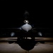 A military fighter jet is dramatically lit from above in what appears to be a darkened hangar, creating a striking chiaroscuro effect. The aircraft is photographed head-on, revealing its cockpit, fuselage, wings, and underwing stores. The low-key lighting emphasizes the aircraft's silhouette and casts a sharp shadow on the concrete floor below.