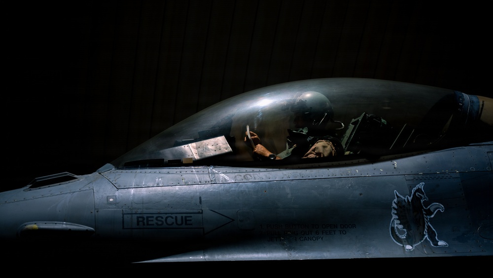 A pilot in full flight gear, including helmet and oxygen mask, is seated in the cockpit of what appears to be an F-16 Fighting Falcon fighter jet. The aircraft is photographed in low-light conditions, likely inside a hangar, with dramatic side lighting illuminating the cockpit area. A unit insignia depicting a stylized animal figure is visible on the fuselage, along with standard rescue and safety markings.