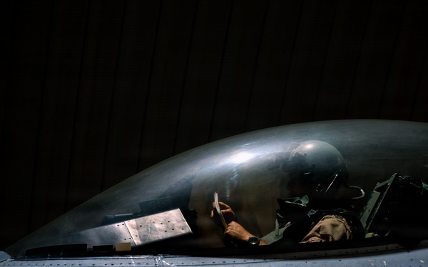 A pilot in full flight gear, including helmet and oxygen mask, is seated in the cockpit of what appears to be an F-16 Fighting Falcon fighter jet. The aircraft is photographed in low-light conditions, likely inside a hangar, with dramatic side lighting illuminating the cockpit area. A unit insignia depicting a stylized animal figure is visible on the fuselage, along with standard rescue and safety markings.