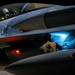 A night operations scene showing a military fighter jet, identifiable as an F-16 Fighting Falcon, being serviced on a flight line. A pilot in full flight gear sits in the cockpit while a ground crew technician inspects or services a panel on the fuselage using a bright blue light source. The dramatic low-light photography highlights the aircraft's markings, ordnance, and operational readiness activity.