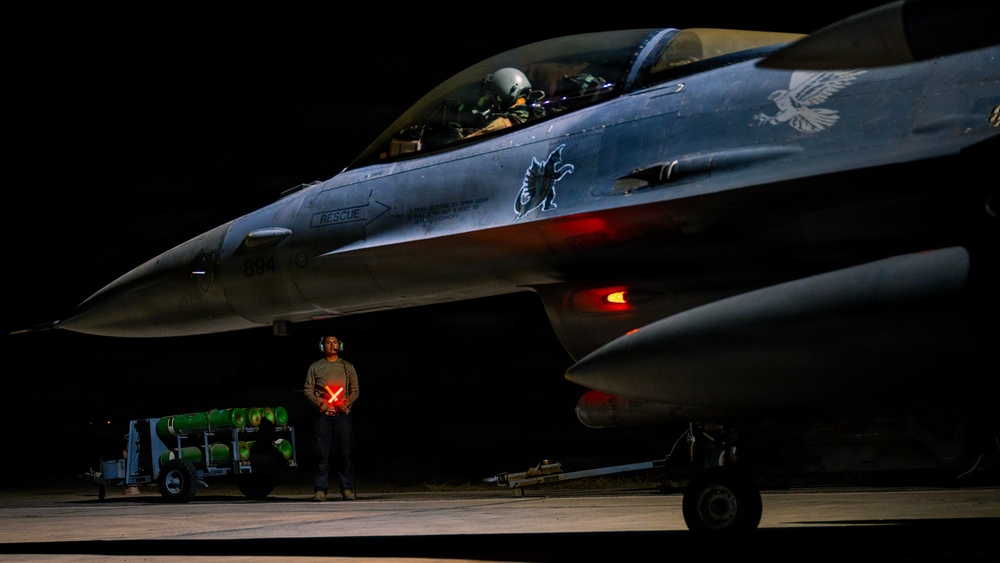 A night-time military flight line scene showing an F-16 Fighting Falcon fighter jet with tail number 894, featuring unit nose art including a bird and animal insignia. A ground crew member stands in front of the aircraft holding illuminated red marshalling wands in an X formation, wearing hearing protection. A munitions cart loaded with green ordnance is visible in the background to the left.