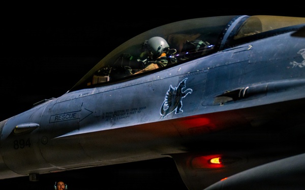 A night-time military flight line scene showing an F-16 Fighting Falcon fighter jet with tail number 894, featuring unit nose art including a bird and animal insignia. A ground crew member stands in front of the aircraft holding illuminated red marshalling wands in an X formation, wearing hearing protection. A munitions cart loaded with green ordnance is visible in the background to the left.