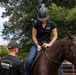 A woman wearing an equestrian helmet and black polo shirt is seated on a dark brown horse inside a fenced riding arena. A man wearing a black 'Military Mounted Battalion, 3d U.S. Infantry, The Old Guard' t-shirt stands beside her, appearing to provide instruction or assistance. The setting appears to be an outdoor equestrian facility with trees and a black iron fence visible in the background.